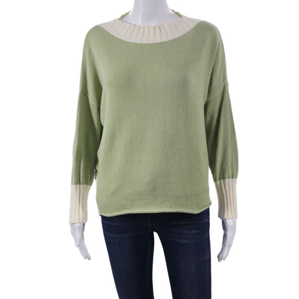 Kash Womens Pullover Sweater Green Cotton Boat Neck Long Sleeve Size 40